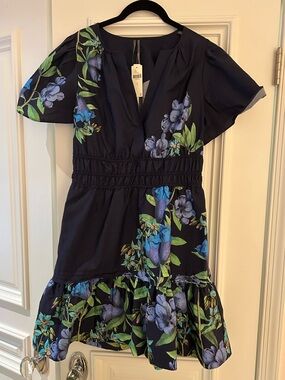 Anthropologie Navy Floral V-Neck Ruffle Dress